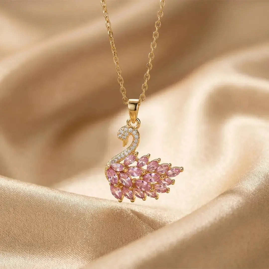 Luxury Gold-Plated Ruby and Diamond Swan Pendant Necklace | Elegant Animal Design Jewelry